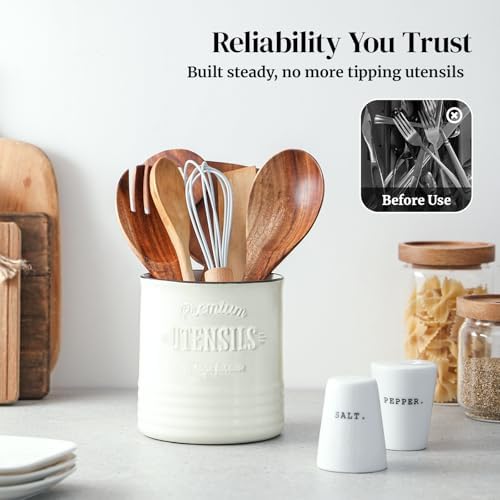 DOWAN 7.2" Large Ceramic Utensil Holder for Kitchen Counter, Beige
