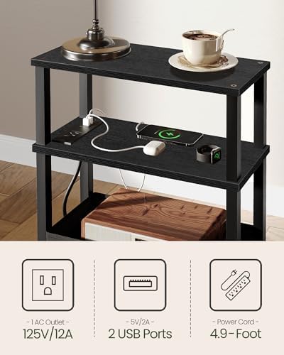 CHOEZON Small Narrow Side Table with Charging Station, Skinny End Table with Fabric Basket, Slim Nightstand for Small Spaces, Sofa Side Table, for Living Room, Bedroom, Black TBZ07UBB