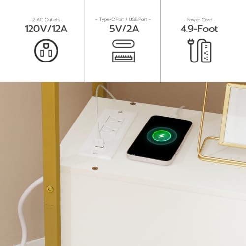 HOOBRO End Table with Charging Station, Narrow Side Table with 2 Drawer & USB Port & Power Outlets, Nightstand for Small Spaces, Stable and Sturdy, for Living Room, Bedroom, Gold and White DW541BZ01