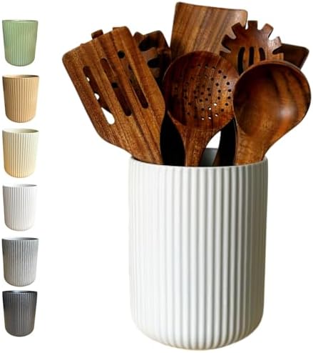 Large Stoneware Kitchen Utensil Holder for Kitchen Counter & Countertop Cooking Utensil Holder Spatula Holder Utensil Crock for Kitchen Counter Vertical Ribbed Fluted Stripe (Matte White)