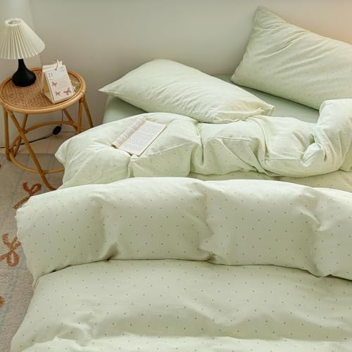 Chic Green Polka Dot Duvet Cover Set 3PCS 100% Cotton Double Layer Gauze Bedding Set with Zipper Closure, Soft Breathable Aesthetic Comforter Cover Twin Size with 2 Matching Pillowcases for Boys Girls