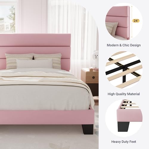 Allewie Twin Size Platform Bed Frame with Velvet Upholstered Headboard Pink