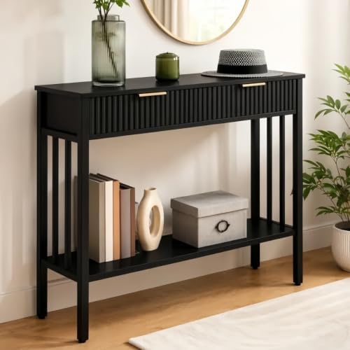 MAHANCRIS 39.4" Console Table with 2 Drawers, Fluted Black Entryway Table