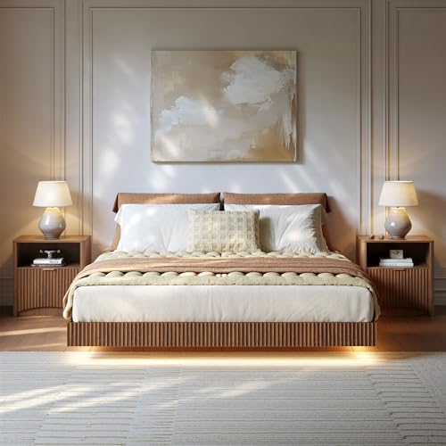 Evermagin Queen Bedroom Set, Fluted Floating Bed Frame & Nightstands,Walnut