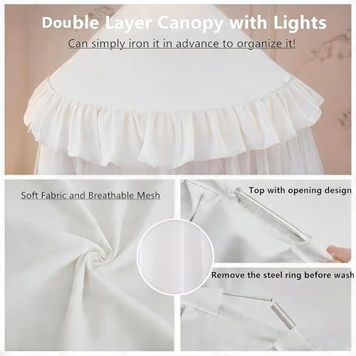 Princess Bed Canopy for Girls, Double Layer Canopy Fits Twin/Full Bed - Fairy Bed Tent for Kids Room Decor(with 250pcs Warm White Curtain Lights,White)