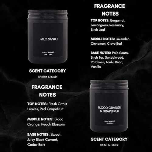 Lulu Candles | 4 Pack Scented Candles Gift Set | Gift Set for Home, Men, and Women | Jasmine, Oud & Sandalwood, Blood Orange & Grapefruit, Tobacco, Spice & Vanilla, and Palo Santo (4PCS - 7 Oz/Each)