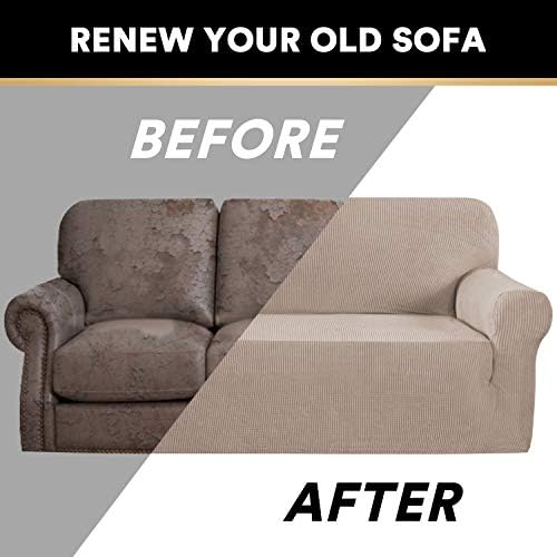 PrinceDeco Stretch Loveseat Sofa Cover Slipcover Couch Cover for 2 Cushion Sofa Washable Sofa Cover for Pets Friendly Furniture Protector Covers with Non Slip Bottom(Loveseat, Sand)