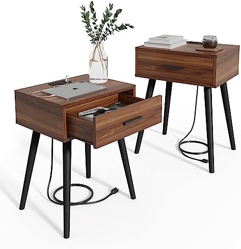 HAIOOU Nightstands Set of 2,Mid century Bedside Table with Charging Station