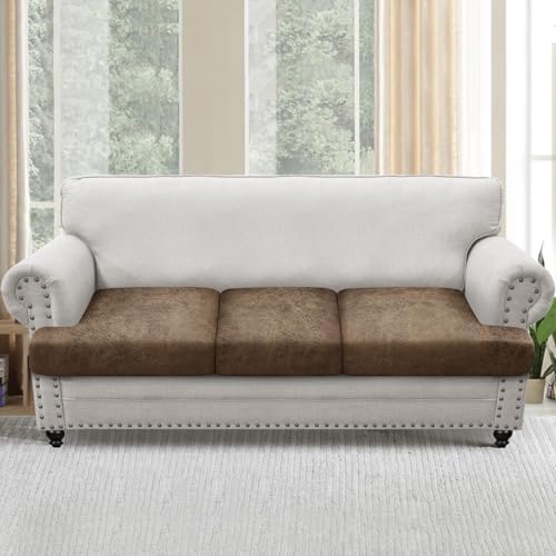 T Cushion Sofa Slipcovers Leather-Look 3PC Stretch Sofa Cushion Covers for 3 Cushion Couch Individually Couch Seat Covers with Elastic Bands, Pet-Friendly, Non-Slip, Easy Fit - Light Brown