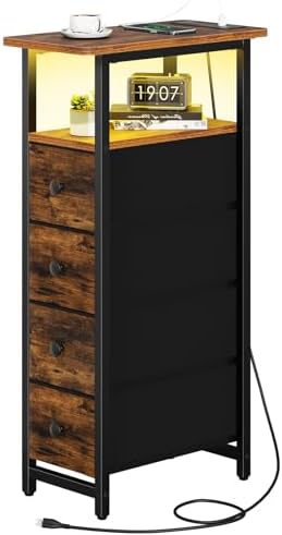 Yoobure Narrow Nightstand with Charging Station, LED Tall Narrow Side Table
