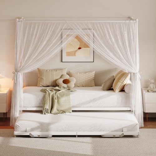 LIKIMIO Twin Daybed with Trundle, Canopy Bed with Pop Up Trundle, White