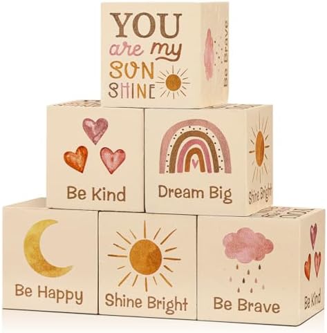 6 Pcs Nursery Shelf Decor Baby Wooden Blocks, Boho Style