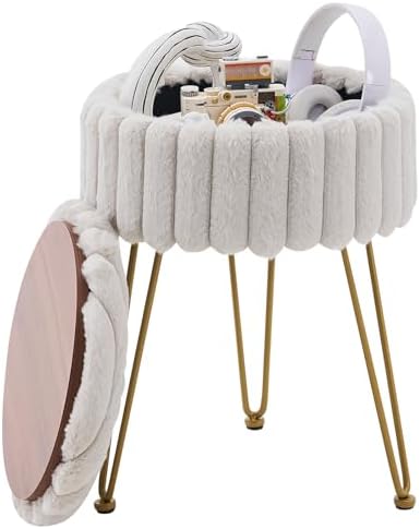Wimarsbon Vanity Stool with Storage, Faux Fur Ottoman Chair with Metal Legs