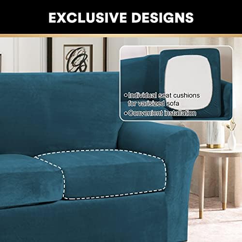 PrinceDeco Velvet Couch Cover Loveseat Covers for 2 Cushion Couch 3 Piece Sofa Covers for Dogs Washable Loveseat Covers Width Up to 72 Inch No Slip Stretch Sofa Slipcover(Medium,Deep Teal)