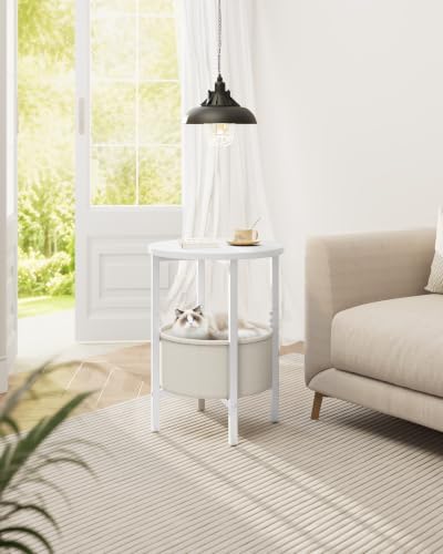Vagusicc Small Round Side Table, Accent End Table with Fabric Basket, Drink Table Coffee Table for Small Spaces, Sofa Corner Table,Bedside Table,Modern Nightstand for Living Room, Bedroom, White