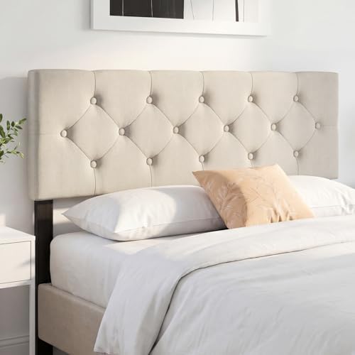 GIANTEX Linen Upholstered Headboard, Queen/Full Size Button Tufted Linen Fabric Head Board with Wood Support Legs, Attach Frame, Width Adjustable Modern Bed Headboard Only (Beige)