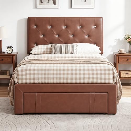 VECELO Twin Size Bed Frame with Storage Drawers, Leather Upholstered with Diamond Tufted Headboard, Solid Wood Slat Support, No Box Spring Needed, PU & Brown