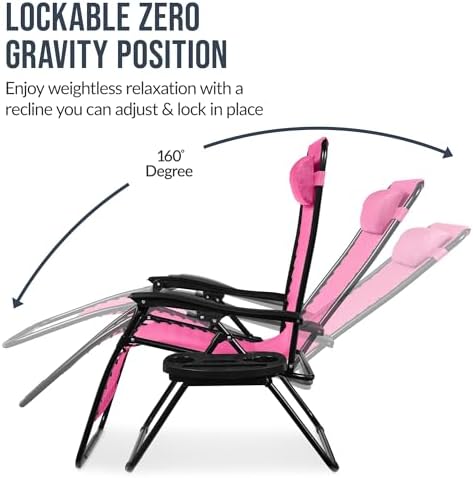 Best Choice Products Set of 2 Extra Wide Adjustable Steel Mesh Zero Gravity Lounge Chair Recliners w/Pillows and Cup Holder Trays - Hot Pink