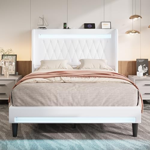 Allewie Full Size Upholstered Bed Frame with LED & Charging Station, White