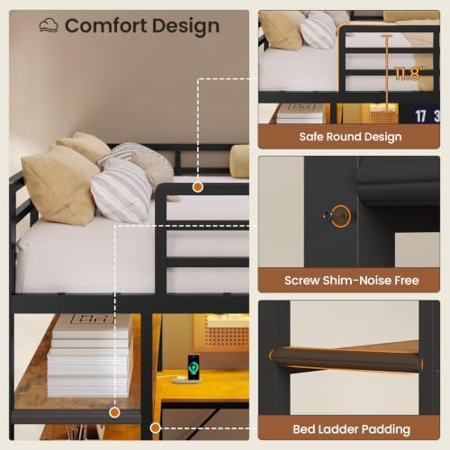 Loft Bed Full Size with L Shape Desk,4 Drawers,3-Tier Storage Shelves Metal Loft Bed Frame with Power Outlet and LED Lighted,No Box Spring Needed,Space-Saving,Noise Free (Brown & Black, Full Size)