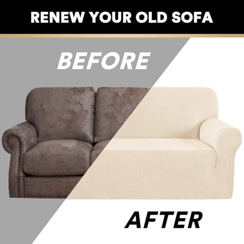 PrinceDeco Stretch Sofa Cover Slipcover 1-Piece, Spandex Jacquard Fabric Universal Couch Cover for 3 Cushion, Washable Non Slip Sofa Cover, Pet Friendly (Large Sofa 90"-100",Biscotti Beige)