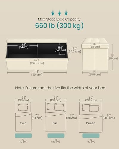 SONGMICS 43.3 Inches Folding Storage Ottoman Bench, Load 660 lb