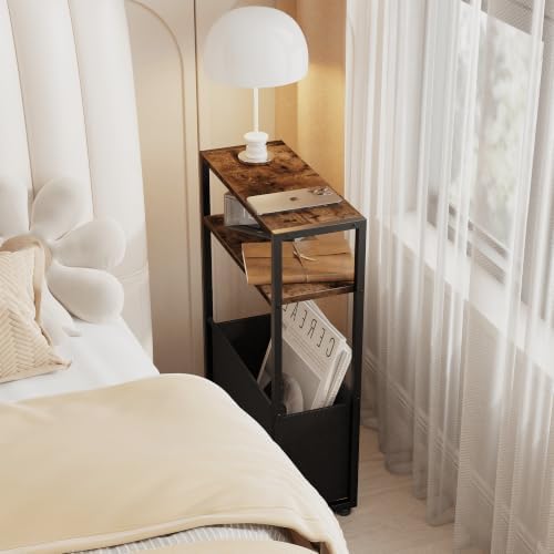 Leomonio Narrow Side Table, Slim Night Stand with Magazine Rack