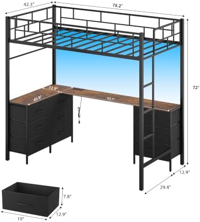 Twin Size Loft Bed with L-Shaped Desk and Storage, Vintage Brown