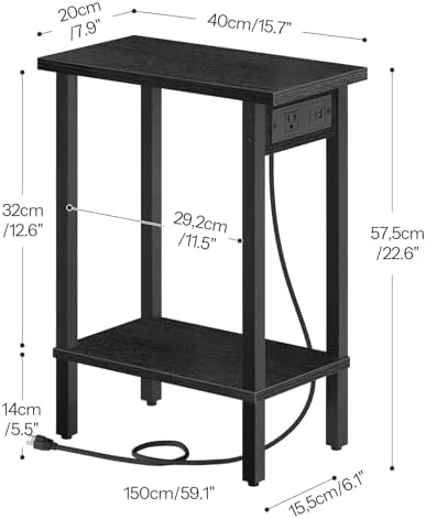 HOOBRO Small End Table with Charging Station, Narrow Side Table with USB Port and Outlets, Skinny Sofa Table, Slim Nightstand, Living Room, Bedroom, Black BK240UBZ01