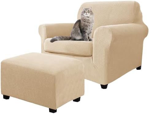 3 Piece Stretch Matching Chair and Ottoman Slipcover Set, Jacquard Arm Chair/Ottoman/Fitted Seat Covers, Non-Slip Accent Armchair and Foot Stool Slip Cover (Beige,3 Pieces Set)