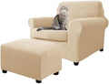 3 Piece Stretch Matching Chair and Ottoman Slipcover Set, Jacquard Arm Chair/Ottoman/Fitted Seat Covers, Non-Slip Accent Armchair and Foot Stool Slip Cover (Beige,3 Pieces Set)