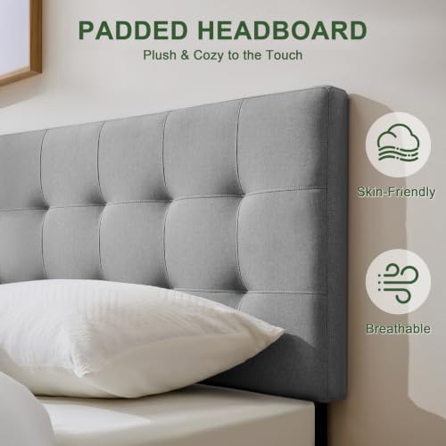 Linen Stitched Tufted Queen Headboard, Adjustable Height 37.2-46 in, Gray