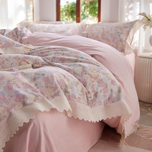 Floral Cotton Duvet Cover Queen Size 3 Pcs Set,90"×90" Bedding