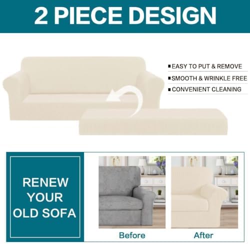 Turquoize Stretch Sofa Slipcover 2 Pieces Sofa Cover Couch Cover for 3 Cushion Couch Washable Furniture Protector Covers with Elastic Bottom Feature Thick Jacquard Fabric (Sofa, Cream)