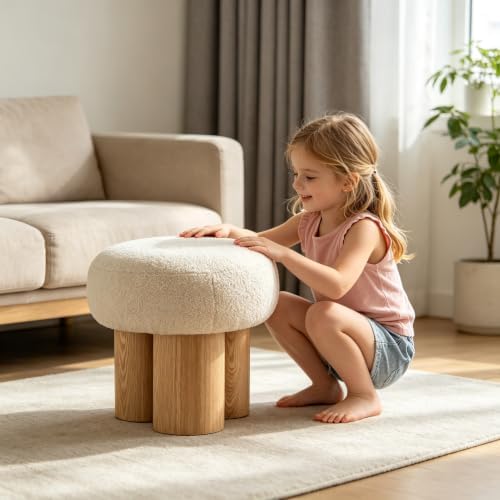 Teddy Ottoman Footrest Stool, Round Upholstered Vanity Stool for Bedroom