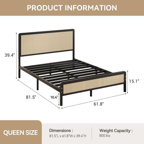 IMMERSTABLE Rattan Queen Bed Frame with Headboard, Boho Queen Metal Platform Bed Frame with Steel Slats, Under Bed Storage, Rounded Corners, No Box Spring Needed, Quiet Design, Easy Assembly, Black