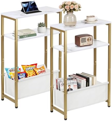 Narrow Side Tables Set of 2 for Small Spaces, Slim End Tables with Fabric Storage Basket, Thin Bedside Table with Faux Marble Tabletop for Living Room, Bedroom, Gold