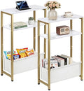 Narrow Side Tables Set of 2 for Small Spaces, Slim End Tables with Fabric Storage Basket, Thin Bedside Table with Faux Marble Tabletop for Living Room, Bedroom, Gold