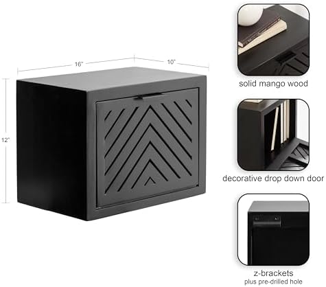 Kate and Laurel Mezzeta Modern Floating Shelf Side Table with Storage Cubby; 16 x 10 x 12; Black; Decorative Slatted Wood Floating Nightstand with Pull Down Door for Use as Bathroom Storage