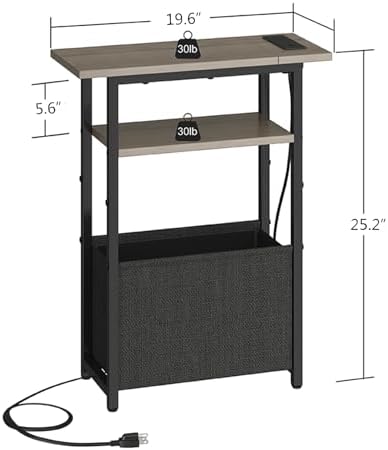 sthmec Narrow Side Table with Charging Station Set of 2, Small End Table for Small Spaces, Skinny Nightstands Set 2 with Storage Basket, 3 Tier Sofa Bedside Tables for Living Room,Bedroom, Grey