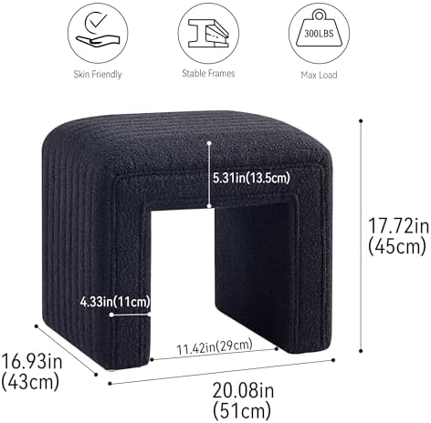 Get Set Style Vanity Stool Chair, Fully Assembled Modern Boucle Ottoman Footstool with Wooden Legs, Multifunctional Upholstered Sofa Bench Extra Seat for Makeup Room Living Room Entryway Office,Black