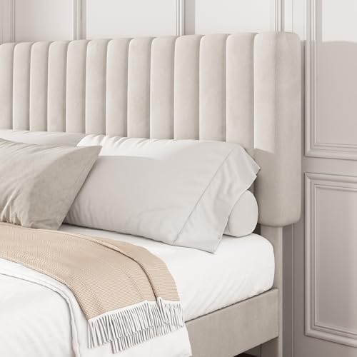 King Velvet Bed Frame with Vertical Channel Tufted Headboard Beige