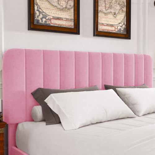 VECELO Full Size Upholstered Bed Frame with 4 Drawers and Headboard, Velvet Platform Storage Bedframe, Wooden Slats Support, No Box Spring Needed,Pink