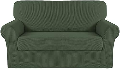 Turquoize Stretch Sofa Slipcover 2 Pieces Sofa Cover Couch Cover for 2 Cushion Couch Washable Furniture Protector Covers with Elastic Bottom Feature Thick Jacquard Fabric (Loveseat, Bronze Green)