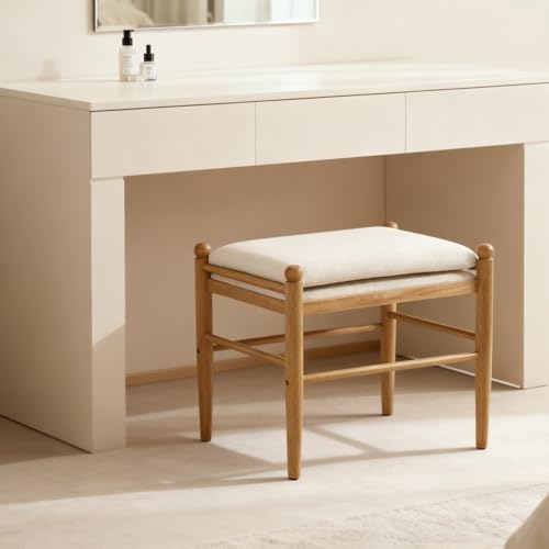 Ottoman Footrest Set of 2, 19 Inch Upholstered Vanity Bench Seat, Backless Makeup Stool with Solid Wood Legs for Dining Room/Bedroom/Living Room/Entryway,Brown Frame, Beige Linen