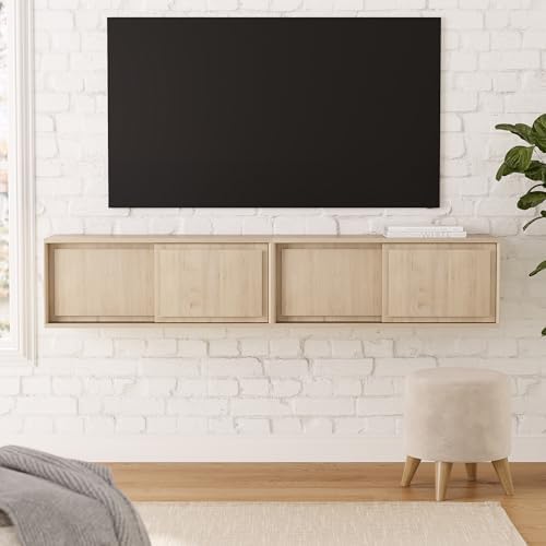 Floating TV Stand Set of 2, 30" Multi-Purpose Modern TV Display Shelf Console Entertainment Center Cabinet with Sliding Doors for Bedroom Living Room Entryway, Light Oak