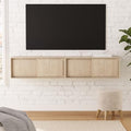Floating TV Stand Set of 2, 30" Multi-Purpose Modern TV Display Shelf Console Entertainment Center Cabinet with Sliding Doors for Bedroom Living Room Entryway, Light Oak
