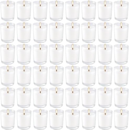 Set of 48 Pack White Unscented Clear Glass Filled Votive Candles. Hand Poured Wax Candle Ideal Gifts for Home Décor Parties Weddings Holidays and Meditation (White)