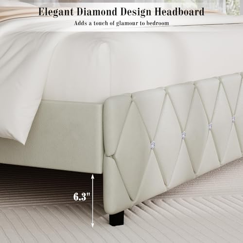 BarnFurin King Bed Frame with Diamond Tufted Headboard,Cream
