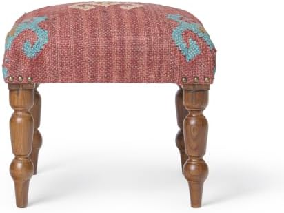 Handmade Jute Ottoman Stool with Wooden Legs | Square Upholstered Foot Rest & Accent Seating | Woven Vanity Stool for Living Room, Bedroom, Hall, Entryway & Home Décor (Red)